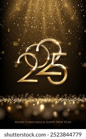 2025 Happy New Year greeting card vector background. 2025 gold numbers with falling confetti decoration and glow light effect. Luxury festive sparkle holiday vertical postcard, invitation, banner.