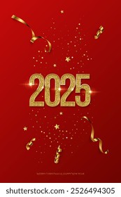 2025 Happy New Year greeting card vector template. Festive Christmas vertical social media banner design with congratulations. Golden numbers with confetti realistic illustration on red background.
