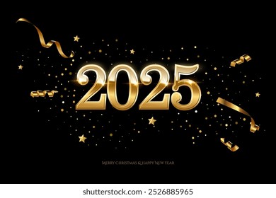 2025 Happy New Year greeting card vector template. Festive Christmas horizontal social media banner design with congratulations. Golden numbers with confetti realistic illustration on black background