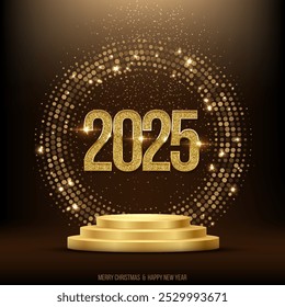 2025 Happy New Year greeting card vector template. Festive Christmas square social media banner design with season congratulations. Festive luxury realistic illustration on black background.