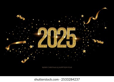 2025 Happy New Year greeting card vector template. Festive Christmas horizontal social media banner design with congratulations. Golden numbers with confetti realistic illustration on black background