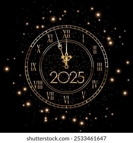 2025 Happy New Year greeting card vector background. 2025 golden numbers with midnight time on gold clock face and starks sky. Luxury festive sparkle holiday postcard, invitation, banner.