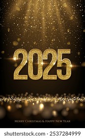 2025 Happy New Year greeting card vector background. 2025 gold numbers with falling confetti decoration and glow light effect. Luxury festive sparkle holiday vertical postcard, invitation, banner.