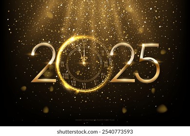 2025 Happy New Year greeting card vector background. 2025 gold numbers with clock countdown, falling confetti and glow light effects. Luxury festive sparkle holiday postcard, invitation, banner.