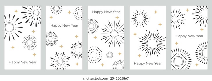 2025 Feliz Ano Novo cartazes de saudação. Cartões abstratos de Ano Novo com fogos de artifício sobre fundo branco. Cartazes de fogos de artifício. Estilo simples plano. Design conceitual para banner de feriado, cartaz. Ilustração vetorial