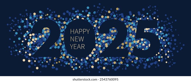 2025 Happy New Year greeting with blue and gold confetti on dark background. Festive digital banner for New Year celebration and holiday design.