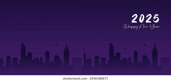 2025 Happy New Year Greeting with Urban Skyline Silhouette on Purple Background. EPS10 vector illustration