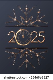 2025 Happy New Year greeting card vector background with gold frame, clock and glitter snowflake. Shining holiday postcard with sparkles numbers 2025. Luxury festive invitation, banner, poster, flyer.