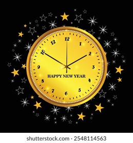 2025 Happy New Year greeting card vector background. 2025 gold numbers with clock countdown, falling confetti and black background Template 