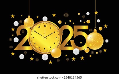 2025 Feliz Año Nuevo tarjeta de felicitación de fondo de Vector. Números de oro 2025 con cuenta regresiva del reloj, confeti que cae y Plantilla negra del fondo 