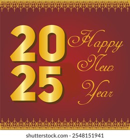 2025 Happy New Year greeting card with gold typography and decorative accents on a red background.