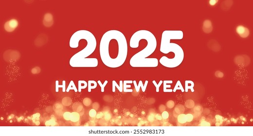  2025 Saludo de feliz año nuevo con fondo rojo y números blancos "2025" y texto blanco de feliz año nuevo y luces y chispas doradas, borrosas y de estilo bokeh que crean una atmósfera festiva. Vector
