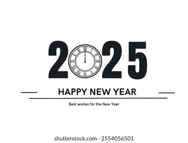 2025 Happy New Year greeting graphic design with white background and numerals "2025" in large, bold, black, sans-serif font and a wall clock placed number 0 and happy new year text 