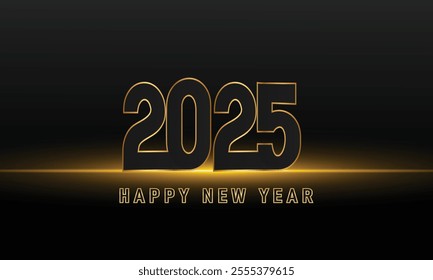 2025 Happy New Year greeting card vector illustration. 2025 gold line numbers decoration and glow light effect holiday design background.