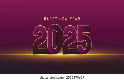 2025 Happy New Year greeting card vector illustration. 2025 gold line numbers decoration and glow light effect holiday design background.