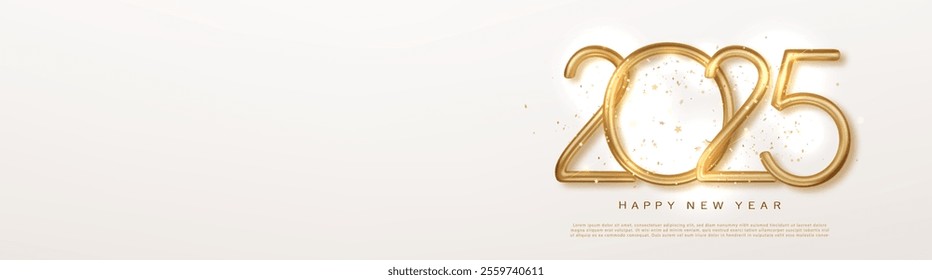 2025 Happy New Year greeting card template. Christmas horizontal banner design with congratulations. Golden numbers.