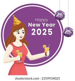 2025 Happy New Year Greeting Card with Beautiful Young Girl Holding Lemonade Glasses, Disco Ball Hang on Purple and White Background.