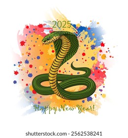 2025 happy new year. greeting card. chinese zodiac. vector snake on bright festive background. winter holiday. green and yellow cobra with hood. realistic animal design. layered illustration. 