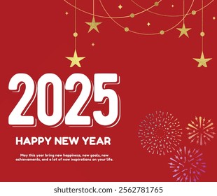 2025 happy New year greeting card  vector illustration with red background and Elegant Gold New Year's Eve Bunting eps.