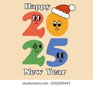 2025 Feliz año Nuevo personajes de dibujos animados groovy. Conjunto retro divertido de mascota 2025 con emoción de cara. Elementos cómicos en estilo de dibujos animados retro de moda. Ilustración vectorial