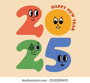 2025 Feliz año Nuevo personajes de dibujos animados groovy. Conjunto retro divertido de mascota 2025 con emoción de cara. Elementos cómicos en estilo de dibujos animados retro de moda. Ilustración vectorial