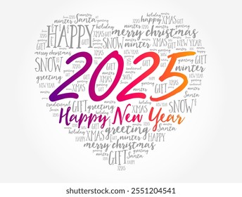 2025 Happy New Year Heart word cloud collage, holiday background