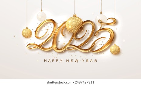 2025 Happy New Year horizontal banner with falling confetti on bright background. 2025 Golden numbers for Christmas design