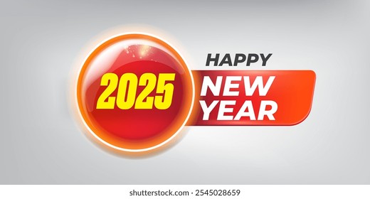 2025 Happy new year horizontal banner background and 2025 greeting card with text. vector 2025 new year sticker, label, icon, logo and badge isolated on stylish grey background