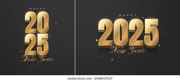 2025 Feliz Año Nuevo. Con una ilustración de números 3D de oro grueso realista. Diseño de Vector Premium para carteles, Anuncios, calendario y saludos.