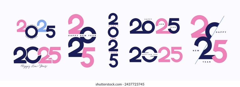 2025 Feliz Año Nuevo conjunto de diseño de texto de logotipo. Plantilla de diseño de número de símbolo 2025. Elementos de Navidad 2025 Feliz Año Nuevo. Ilustración vectorial para calendario, volante, banner, redes sociales, web.