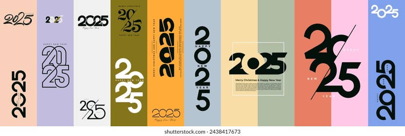 2025 Feliz Año Nuevo diseño de texto de logotipo. Conjunto grande de 2025 plantilla de diseño de números. Ilustración vectorial Colección de Navidad de 2025 Feliz Año Nuevo. Logo de etiquetas negras para diarios, cuadernos, calendarios.