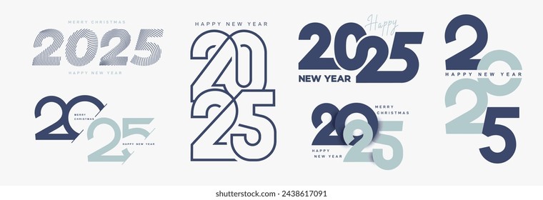 2025 Feliz Año Nuevo diseño de texto de logotipo. Colección de tendencias de la plantilla de diseño de números 2025. Diseño para decoración navideña y negocios. Ilustración vectorial para calendario, banner, tarjeta, etiqueta y símbolo.