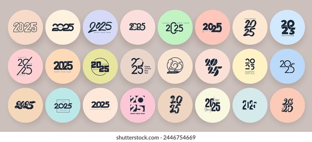 2025 Happy New Year logo text design. Big Set of 2025 number design template. Christmas round logos in the form of stickers of 2025. Vector with black labels logo for diaries, notebooks, calendars.