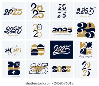 2025 Happy New Year logo gold text design set. 2025 luxury number design template. Big collection of 2025 Happy New Year symbols. Hand drawn vector illustration brush stroke numbers logo.