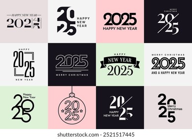 2025 Happy New Year logo set. Designs of labels with inscriptions or text and symbols of New Year or Christmas 2025. Elements for calendar. Flat vector illustration collection isolated on background