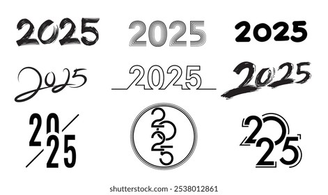 2025 Happy New Year logo text design. Set of 2025 number design template. Christmas symbols 2025 Happy New Year. Vector illustration with black labels logo for diaries, notebooks, calendars.