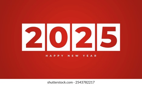 2025 Feliz Ano Novo logotipo texto design, 2025 número modelo de design, ilustração vetor para calendário, banner, cartão, etiqueta com texto branco em um fundo vermelho