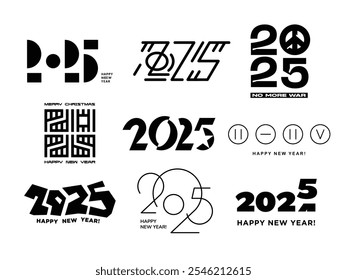 2025 Happy New Year logo text design. Set of 2025 number design template. Christmas symbols 2025 Happy New Year. Vector illustration with black labels logo for notebooks, calendars.