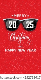 2025 Happy New Year and Merry Christmas on snowy landscape. Black hipster glasses on snowfall background. Vector illustration.