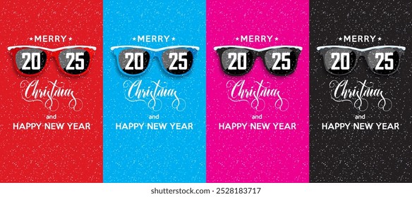 2025 Happy New Year and Merry Christmas on snowy landscape. Collection Chrismas banner Black hipster glasses on snowfall background. Vector illustration.