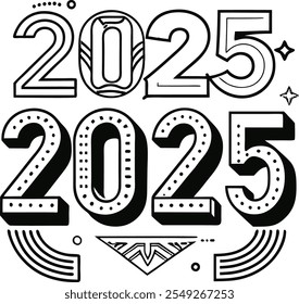 2025 Gelukkig Nieuwjaar Vrolijk Kerstfeest zwart tekstontwerp op witte achtergrond