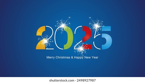 2025 Happy New Year modern black light typography logo sparkle firework colorful white blue vector greeting card