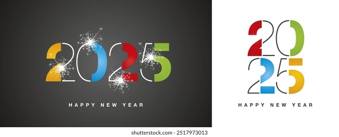 2025 Happy New Year modern black light typography logo sparkle firework. New Year 2025 colorful white orange blue red green black logo design concept vector