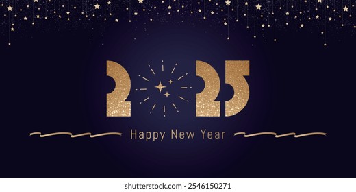 2025 Happy new year modern art design template for greeting card, poster, web banner. Shiny golden geometric numbers. New Year 2025 on dark blue background banner