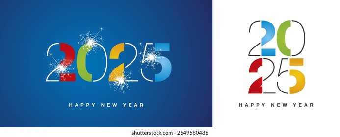 2025 Feliz Año Nuevo moderno logotipo de tipografía de luz negra fuegos artificiales brillantes. Nuevo año 2025 colorido blanco naranja azul rojo verde negro logo concepto de diseño Vector sobre fondo blanco azul