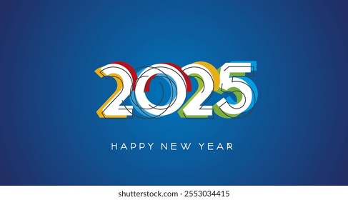 2025 Happy New Year modern trendy line design numbers with abstract colorful shapes on blue background