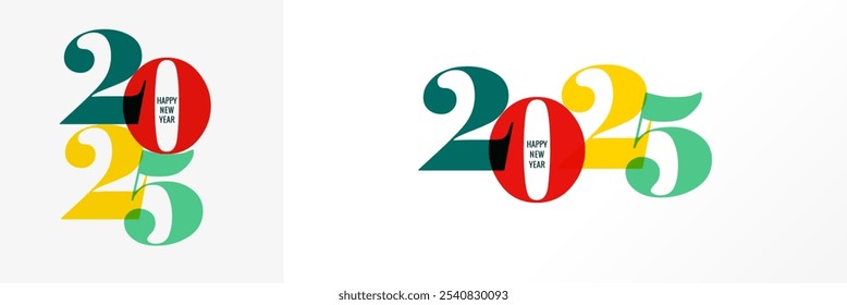 2025 Happy New Year multiple colorful numbers logo design concept. Vector typography design template with colorful 2025 lettering and Happy New Year text