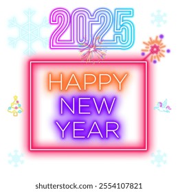 2025 happy new year neon sign poster design, neon sign letters and elements, 2025 happy new year greeting card, logo design and vector illustrator, wall paper presentation with neon sign elements.