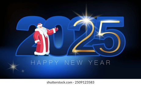 2025. Happy new year 2025, number, blue gold design. Merry Santa Claus. Cover of business calendar 2025, holiday. Design template for brochure, postcard. Black background vector illustration