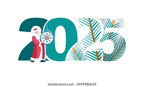 2025. Happy New Year 2025 numbers design. Santa Claus, a toy. Business diary cover for 2025. Fir branches, holiday. Design template for brochure, card, postcard. Vector illustration, white background